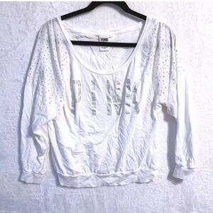 Victoria's Secret PINK White Rhinestone Logo Long Sleeve Slouchy Top SZ L